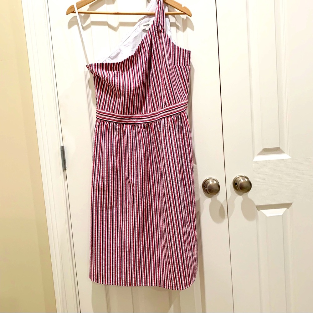LOFT One Shoulder Striped Seersucker Stretch Spring Dress 10
